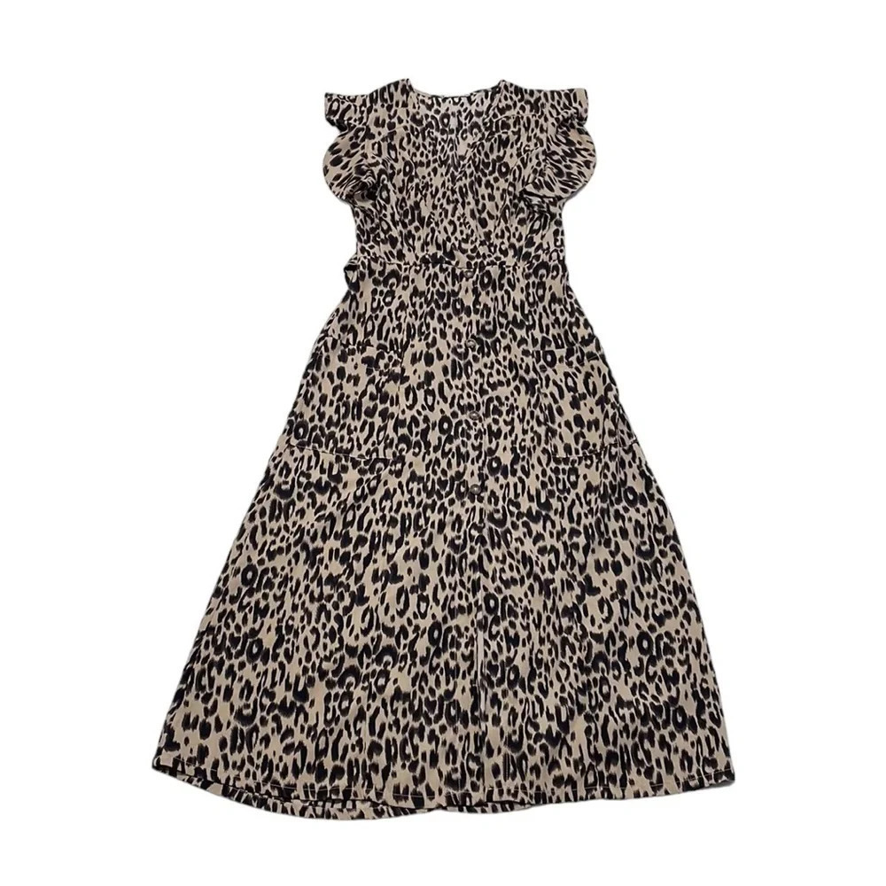 Sienna Sky Leopard Print Midi Dress Fit & Flare V-Neck Brown Size Small S - Picture 4 of 17
